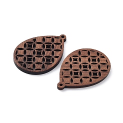 クルミ材レーザーカットペンダント  中空のチャーム  染色されていない  ティアドロップ  37x25.5x2.3mm  穴：1.6mm&nbsp;X-WOOD-Q051-04J