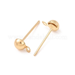 真鍮製スタッドピアスパーツ  カドミウムフリー＆鉛フリー  半円  カン付き  24KGP本金メッキ  6x4mm  穴：1mm  ピン：12x0.5mm&nbsp;LS-KK-G604-01G-01