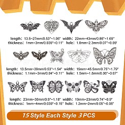 ハロウィン合金エナメル＆チベットスタイルペンダント45個、15スタイル  スカル＆蛾＆コウモリのチャームが付いた蝶  アンティークシルバー  13.5~39x20~45.5x2~4mm  穴：1.2~10x8mm  3個/スタイル&nbsp;ENAM-AR0001-56