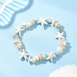 Natural Shell Chip & Synthetic Turquoise Starfish Bead Stretch Bracelets for Women&nbsp;BJEW-JB12581-01