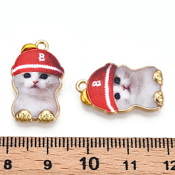 プリントされたライトゴールドトーン合金ペンダント  キャップチャーム付きカートン猫  クリムゾン  22.5x14x2.5mm  穴：1.6mm&nbsp;LS-ENAM-N056-208F