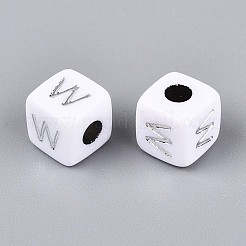 不透明なアクリルビーズ  文字付きのキューブ  シルバーライン入り  文字W  9~10x9~10x9~10mm  穴：4mm  約625個/500g&nbsp;SACR-T035-03W