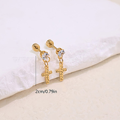 ステンレススチール製パヴェキュービックジルコニアスタッドピアス（女性用）  クロス  18KGP本金メッキ  20mm&nbsp;QF0382