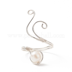 Copper Wire Wrapped Natural Freshwater Pearl Cuff Rings for Women&nbsp;RJEW-JR00553-02