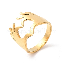 Ion Plating(IP) 304 Stainless Steel Hand Heart Open Cuff Ring for Women&nbsp;RJEW-K245-45G