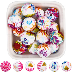 30Pcs Printed Round with Flower Pattern Silicone Focal Beads&nbsp;SIL-SC0002-84G