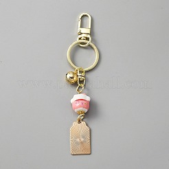 日本の招き猫真鍮ベル ペンダント キーチェーン  おまもりキーホルダー用お守りチャーム  合金パーツ  ピンク  14.2cm&nbsp;KEYC-WH0036-13LG-01