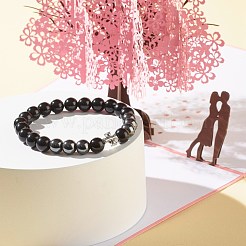 男性女性のための天然黒曜石＆非磁性合成ヘマタイトラウンドビーズエネルギーストレッチブレスレット  クロスアロイブレスレット  内径：2-1/4インチ（5.6cm）&nbsp;BJEW-JB06968-04