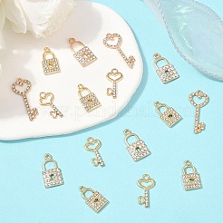 20本4スタイルアロイペンダント  クリスタルラインストーン付き  キー/ロックチャーム  ライトゴールド  21~33x11~14x2~2.5mm  穴：1.8~2.5mm  5個/スタイル&nbsp;ALRI-YW0001-41