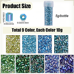 90g 9色 11/0個 2つにカットされた丸穴ガラスシードビーズ  六角  銀並ぶ  虹メッキ  ミックスカラー  2x2mm  穴：0.5mm  10 G /カラー&nbsp;SEED-SC0001-25A