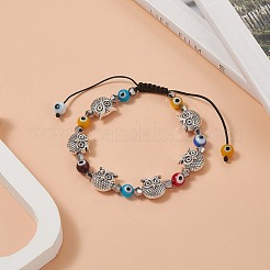 女性用のカラフルなランプワークナザールボンジュウ&ガラス&合金編組ビーズブレスレット  フクロウ  内径：2-1/8~3-1/4インチ（5.5~8.2cm）  フクロウ：11x10x7mm&nbsp;BJEW-JB09267-03