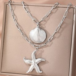 Bohemian Styles 304 Stainless Steel Starfish and Shell Shape Pendant Double Layer Necklaces for Women&nbsp;LS-NJEW-F343-01P