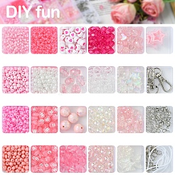 ガラスとアクリルビーズを使った携帯ストラップのDIYキット  ピンク  2.5~21.5x0.8~22x0.8~8mm  穴：0.8~4mm&nbsp;DIY-FS0007-86