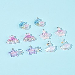 10 個 5 スタイル透明樹脂ペンダント  プラチナの鉄製金具とスパンコール付き  混合図形  23.5~29.5x20~28x7~8mm  穴：1.8~2mm  2個/スタイル&nbsp;RESI-FS0002-08