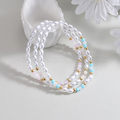 3Pcs Resin Pearl Faceted Round & Rice Beaded Stretch Anklet Sets&nbsp;FS-WG2E78A-01