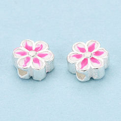 スターリングシルバーエナメルビーズ925個  花  銀色のメッキ  ショッキングピンク  6x6x3mm  穴：1.2mm&nbsp;STER-T008-35A