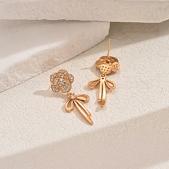 Elegant Brass Pave Clear Cubic Zirconia Flower with Bowknot Stud Earrings&nbsp;OP0904
