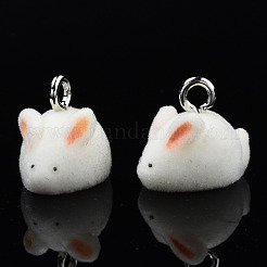 フロッキー樹脂ペンダント  プラチナメッキ鉄ループ付き  兎  ライトサーモン  13.5x15.5x11mm  穴：2.5mm&nbsp;RESI-N032-08