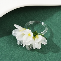 手作りランプワーク指輪  花  ホワイト  花：21x35.5mm  内径：17mm&nbsp;RJEW-P158-01