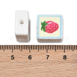 印刷された手作りの磁器のビーズ  正方形  ショッキングピンク  15~15.5x15~15.5x7.5~8mm  穴：2mm&nbsp;PORC-G016-04K
