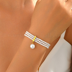 Natural Freshwater Pearl Round Charm Multi-strand Bracelets with 201 Stainlee Steel End Chains&nbsp;UK4868