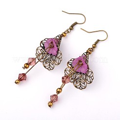 アクリルパーツピアス  真鍮の細工の花のビーズキャップ付  ガラスビーズや鉄のピアスフック  素敵なウェディングドレスエンジェルダングル  アンティークブロンズ  パープル  50mm  ピン：0.8mm&nbsp;EJEW-PJE756