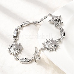 女性のための真鍮のリンクブレスレット  太陽と月と星  プラチナ  6-7/8インチ（17.6cm）&nbsp;LS-BJEW-C118-01P