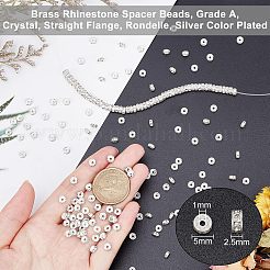 真鍮製ラインストーンスペーサービーズ  グレードA  ストレートフランジ  ロンデル  クリスタル  銀  5x2.5mm  穴：1mm  200個/箱&nbsp;RB-NB0001-10