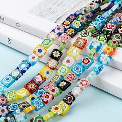 正方形のハンドメイドミッレフィオーリガラスビーズ  ミックスカラー  8x8x3mm  穴：0.5mm  約48個/連  14.9インチ&nbsp;LK-R004-52