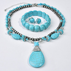 Teardrop Synthetic Turquoise Pendant Necklaces & Dangle Earrings & Stretch Bracelets Sets&nbsp;FS-WGCD8C0-01