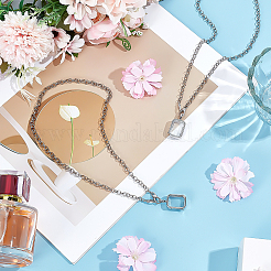 2Pcs Brass Pave Clear Cubic Zirconia and Glass Rectangle Locket Pendant Rolo Chain Necklaces&nbsp;NJEW-WR0001-10