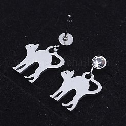 201 ステンレススチール 子猫 ダングル スタッド イヤリング  クリアキュービックジルコニア  猫のストレッチ  ステンレス鋼色  18mm  ピン：0.8mm&nbsp;LS-EJEW-T008-JN744