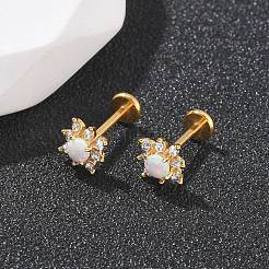 304ステンレススチール製合成オパールスタッドピアス  316ステンレス鋼の針付き  ゴールドカラー  太陽  6x6mm&nbsp;EJEW-B143-01G-07