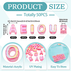 50 個 5 スタイル UV メッキレインボー虹色アクリルビーズ  イニシャルビーズ  文字 aeiou  濃いピンク  20.5~21x8.5~18x13.5~14mm  穴：6mm  10個/スタイル&nbsp;OACR-TA0004-93C