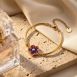 304 Stainless Steel Capri Blue and Ruby Rhinestone Flower Link Bracelets for Women&nbsp;WGB5E03-01