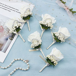 Cloth Rose Flower Boutonniere Brooch with Rhinestone&nbsp;AJEW-WH0258-294C