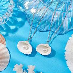 Natural Clam Shell & Imitation Pearl Pendant Necklaces&nbsp;NJEW-JN05006