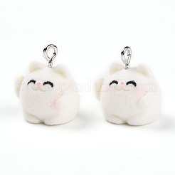 フロッキー樹脂ペンダント  プラチナの鉄の輪を持つ猫  ホワイトスモーク  18~19x16.5x15.5mm  穴：2mm&nbsp;FIND-S001-12A