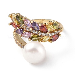 Colorful Cubic Zirconia Wheat with Natural Pearl Open Cuff Ring&nbsp;RJEW-F134-04G