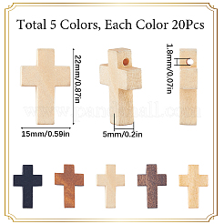 100スタイルの木製ペンダント5個  染め  宗教クロスチャーム  ミックスカラー  21~22x14~15x4~5mm  穴：1.8~2mm  20個/スタイル&nbsp;WOOD-SC0001-52A