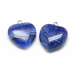 天然ブラジルの瑪瑙ペンダント  染め＆加熱  鉄パーツ  ハート  プラチナ  藤紫色  22x20x6mm  穴：1.5mm&nbsp;G-S262-01A