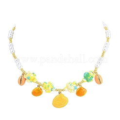 Ocean Brass Enamel Starfish Shell Shape Pendant Round ABS Imitation Pearl Beaded Necklaces&nbsp;KK-CBA4547-04A-G