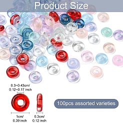100個 10色透明ガラスヨーロピアンビーズ  大穴ビーズ  ドーナツ  ミックスカラー  10~11x3mm  穴：3~4.3mm  10個/カラー&nbsp;GLAA-YW0003-91
