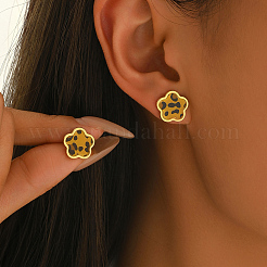 バレンタインデーのステンレススチールスタッドピアス  ヒョウプリントの花  18KGP本金メッキ  ブラウン  12x13mm&nbsp;SA4247
