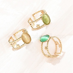 304 Stainless Steel with Glass Cat Eye Cuff Rings for Women&nbsp;RJEW-K309-40C