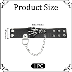 パンク PU レザー コード ブレスレット  男女兼用合金スナップブレスレット  スケルトンの手  ブラック  8-3/4x1-5/8x5/8インチ（22.3x4x1.55cm）&nbsp;DIY-WH20007-369