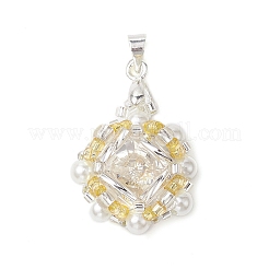 ガラスラインストーン3個とアクリルパールペンダント  花  銀  ミックスカラー  29x20x8mm  穴：3.5x4mm  3個/セット&nbsp;PALLOY-MZ00251
