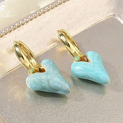 真鍮エナメル製ダングルフープピアス（女性用）  ハート  長持ちメッキ  ラックめっき  鉛フリー＆カドミウムフリー  ゴールドカラー  空色  27x12mm&nbsp;KK-CBA760A-06G-03