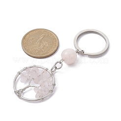 Natural Rose Quartz Chips Flat Round with Tree of Life Kcychain&nbsp;KEYC-JKC00563-02