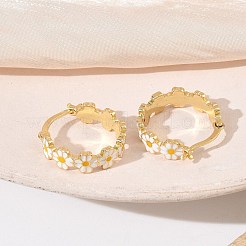 女性用真鍮エナメルフープピアス  花  ラックめっき  長持ちメッキ  鉛フリー＆カドミウムフリー  18KGP本金メッキ  ホワイト  17x6.5mm&nbsp;EJEW-A167-27B-01